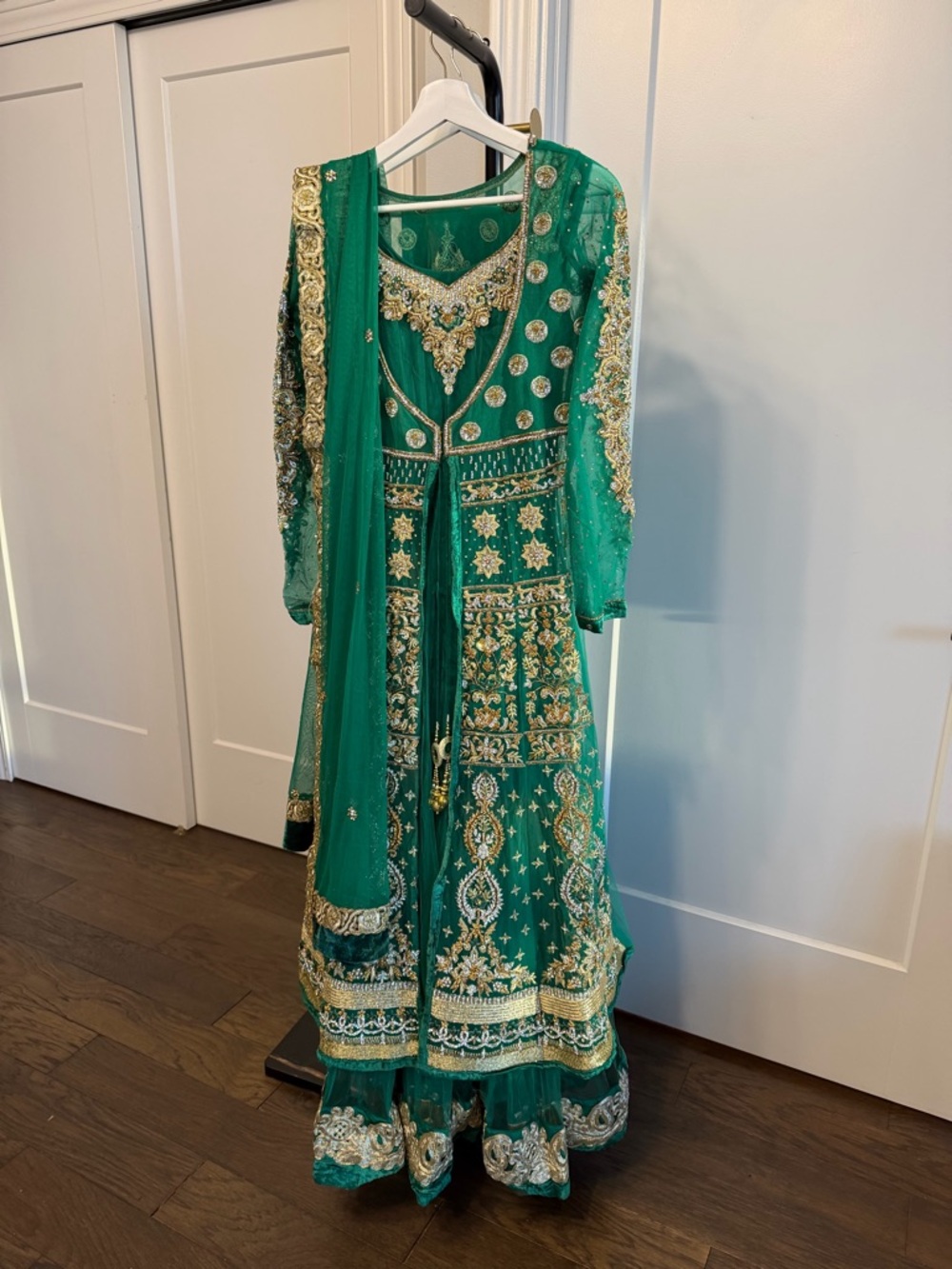 Emerald Green Heavy Embellished Anarkali Dress w/ Dupatta - US Medium